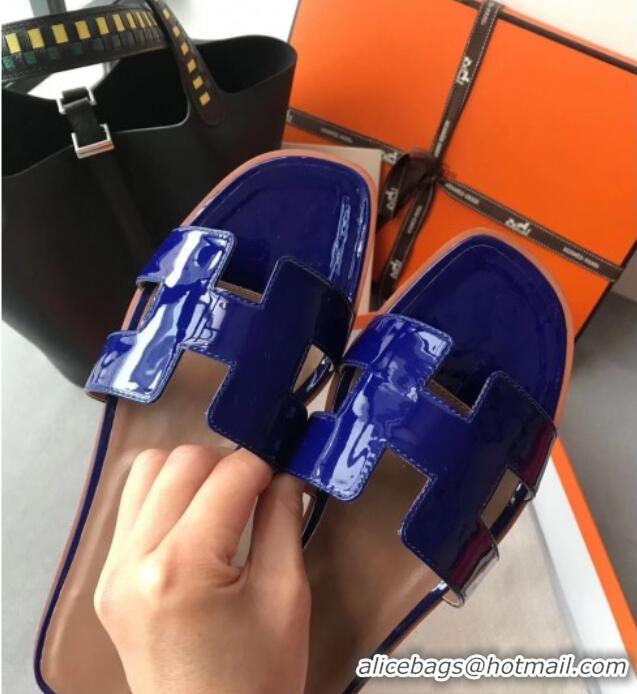 Luxury Classic Hermes Patent Calfskin Leather Oran H Flat Slipper Sandals 40101 Electric Blue