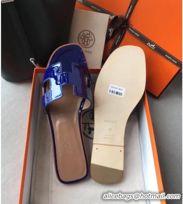 Luxury Classic Hermes Patent Calfskin Leather Oran H Flat Slipper Sandals 40101 Electric Blue