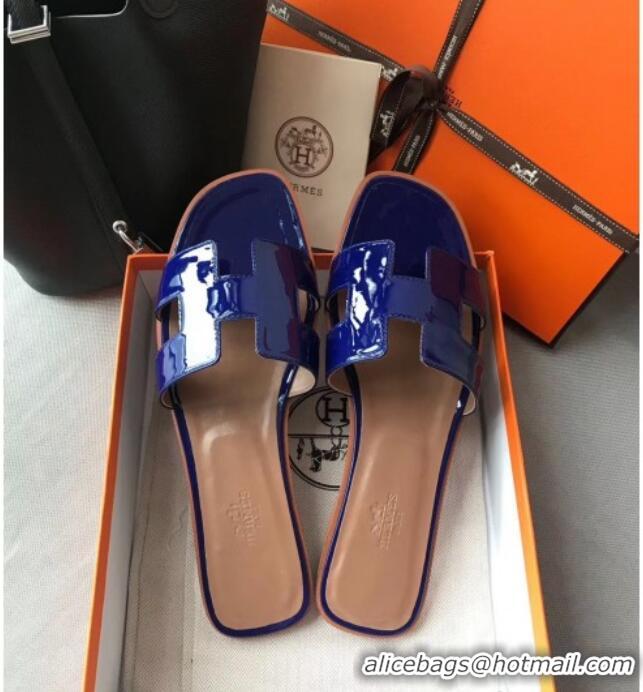 Luxury Classic Hermes Patent Calfskin Leather Oran H Flat Slipper Sandals 40101 Electric Blue