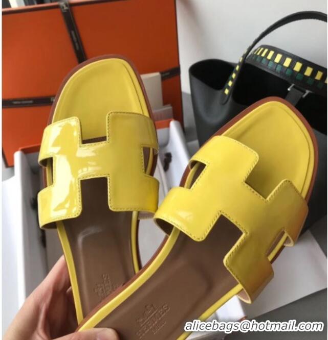 Best Quality Hermes Patent Calfskin Leather Oran H Flat Slipper Sandals 40101 Yellow