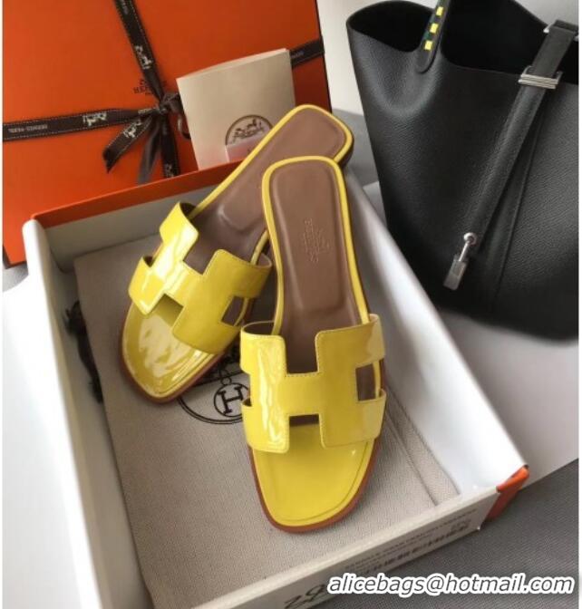 Best Quality Hermes Patent Calfskin Leather Oran H Flat Slipper Sandals 40101 Yellow