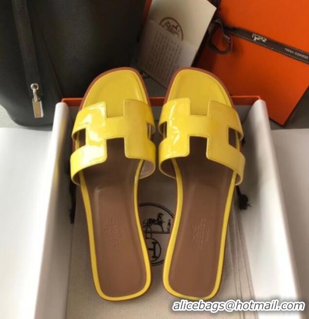 Best Quality Hermes Patent Calfskin Leather Oran H Flat Slipper Sandals 40101 Yellow