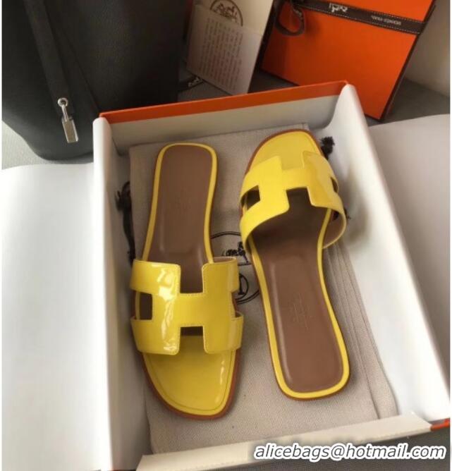 Best Quality Hermes Patent Calfskin Leather Oran H Flat Slipper Sandals 40101 Yellow