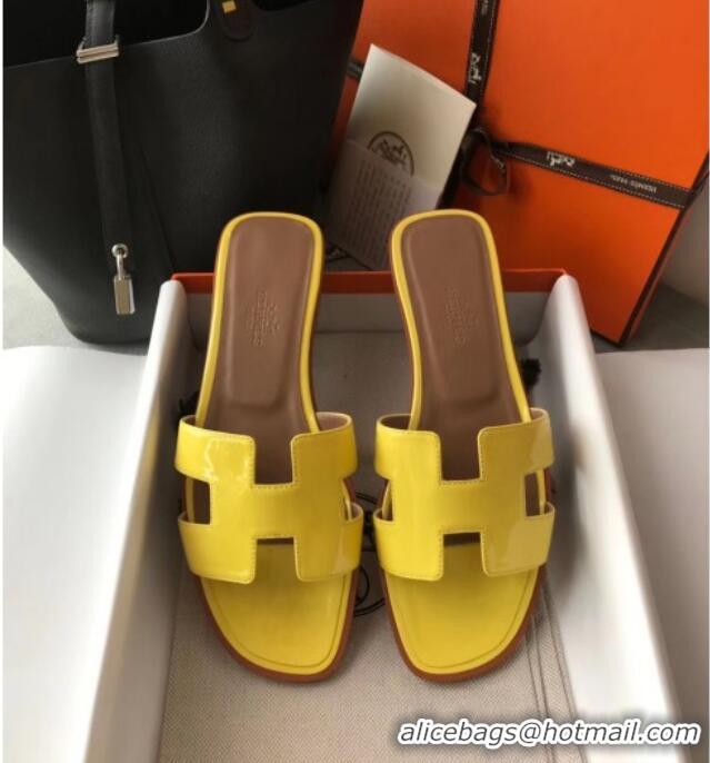 Best Quality Hermes Patent Calfskin Leather Oran H Flat Slipper Sandals 40101 Yellow