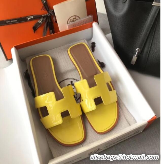 Best Quality Hermes Patent Calfskin Leather Oran H Flat Slipper Sandals 40101 Yellow