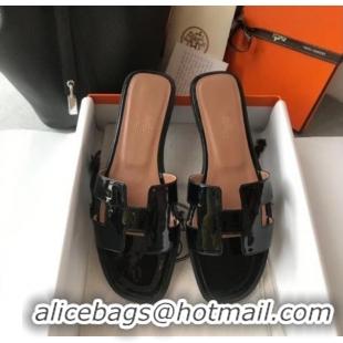 Best Price Hermes Patent Calfskin Leather Oran H Flat Slipper Sandals 40101 Black