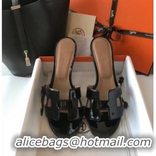 Best Quality Hermes Patent Calfskin Leather Oasis Slipper Sandals With 5cm Heel 040106 Black