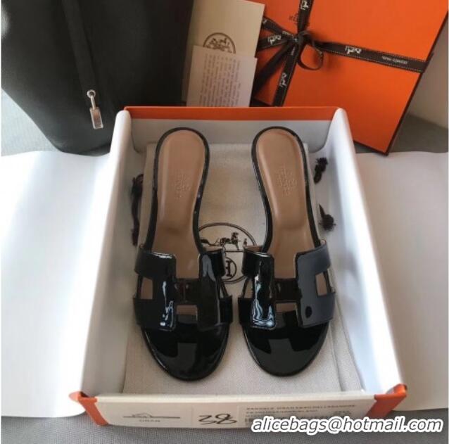 Best Quality Hermes Patent Calfskin Leather Oasis Slipper Sandals With 5cm Heel 040106 Black