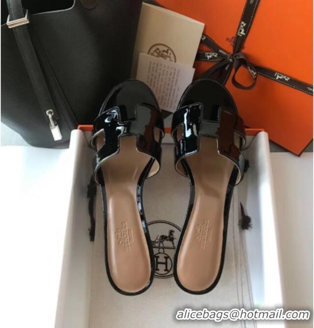 Best Quality Hermes Patent Calfskin Leather Oasis Slipper Sandals With 5cm Heel 040106 Black