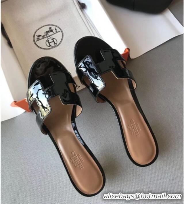 Best Quality Hermes Patent Calfskin Leather Oasis Slipper Sandals With 5cm Heel 040106 Black