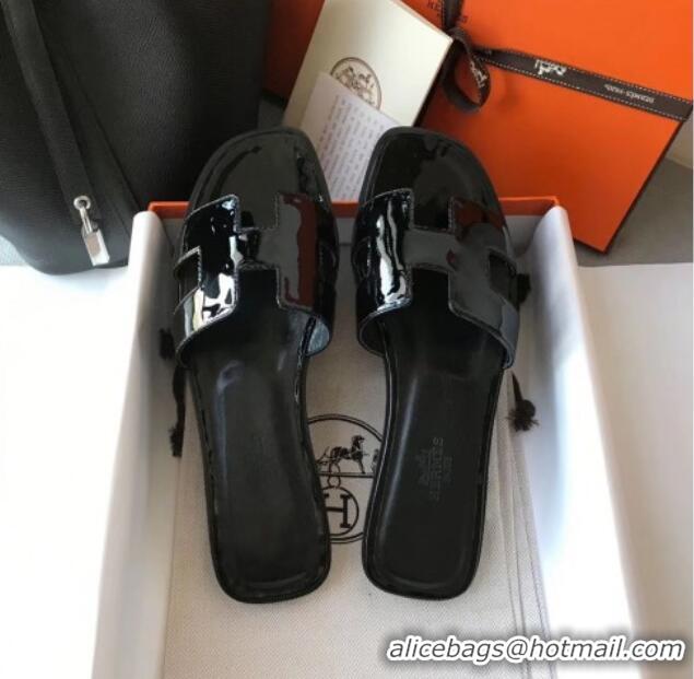 Best Price Hermes Patent Calfskin Leather Oran H Flat Slipper Sandals 040107 All Black