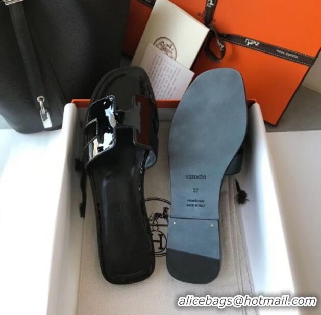 Best Price Hermes Patent Calfskin Leather Oran H Flat Slipper Sandals 040107 All Black