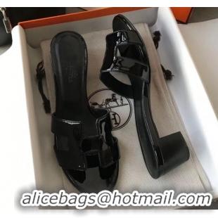 Discount Hermes Patent Calfskin Leather Oasis Slipper Sandals With 5cm Heel 040108 All Black