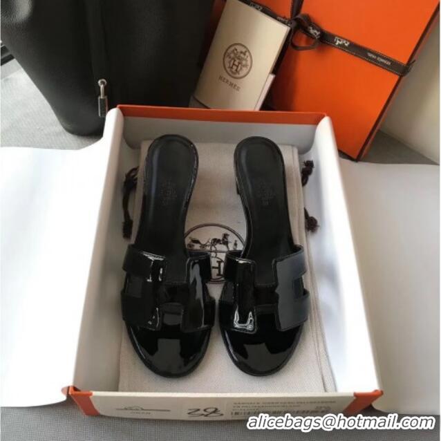 Discount Hermes Patent Calfskin Leather Oasis Slipper Sandals With 5cm Heel 040108 All Black