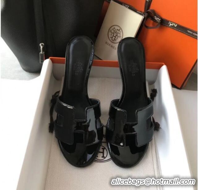 Discount Hermes Patent Calfskin Leather Oasis Slipper Sandals With 5cm Heel 040108 All Black