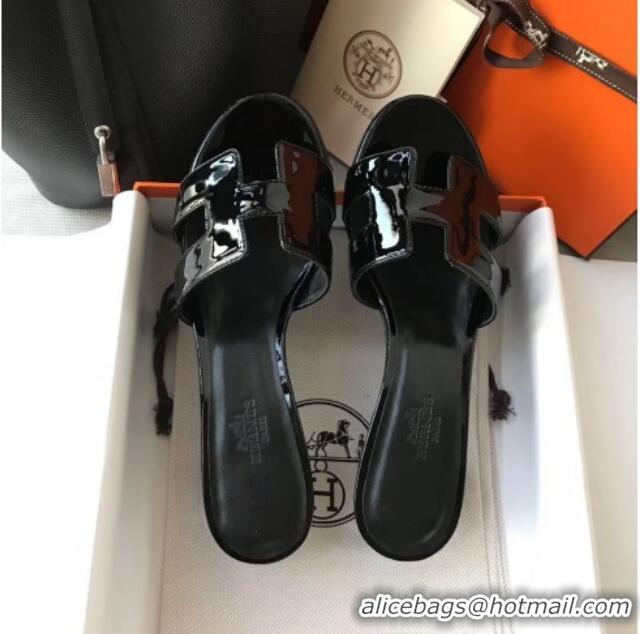 Discount Hermes Patent Calfskin Leather Oasis Slipper Sandals With 5cm Heel 040108 All Black