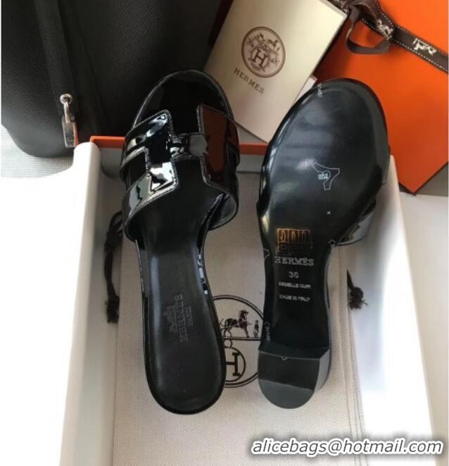 Discount Hermes Patent Calfskin Leather Oasis Slipper Sandals With 5cm Heel 040108 All Black