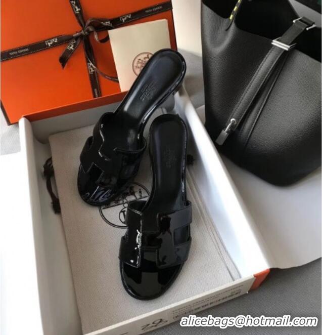 Discount Hermes Patent Calfskin Leather Oasis Slipper Sandals With 5cm Heel 040108 All Black