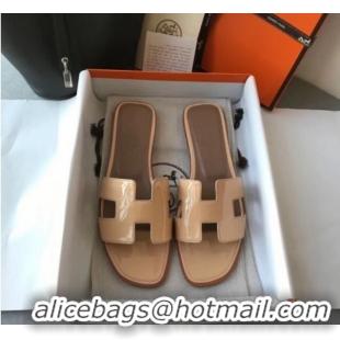 Luxury Hermes Patent Calfskin Leather Oran H Flat Slipper Sandals 040109 Nude