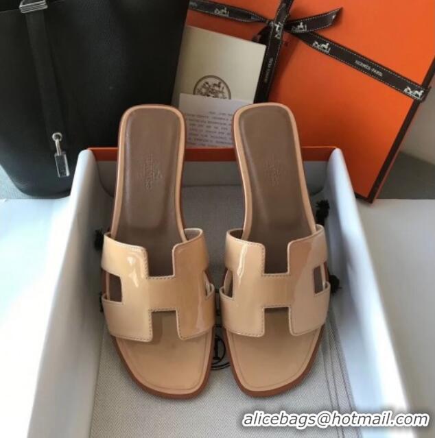 Luxury Hermes Patent Calfskin Leather Oran H Flat Slipper Sandals 040109 Nude