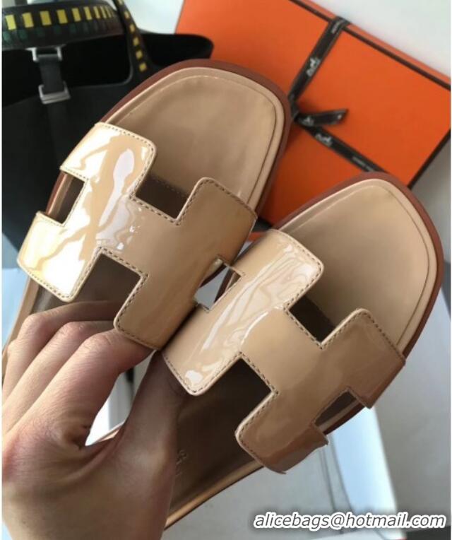 Luxury Hermes Patent Calfskin Leather Oran H Flat Slipper Sandals 040109 Nude