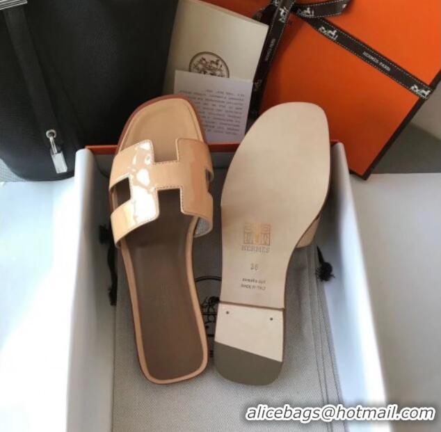 Luxury Hermes Patent Calfskin Leather Oran H Flat Slipper Sandals 040109 Nude