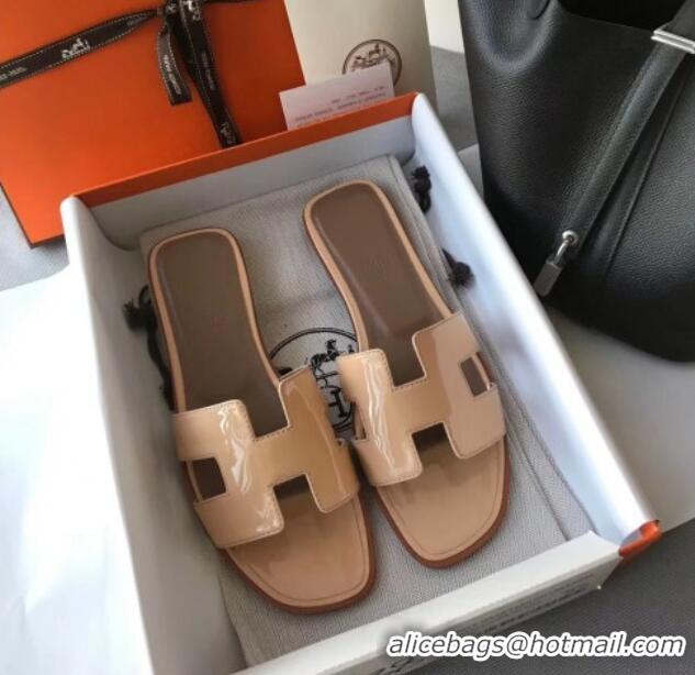 Luxury Hermes Patent Calfskin Leather Oran H Flat Slipper Sandals 040109 Nude