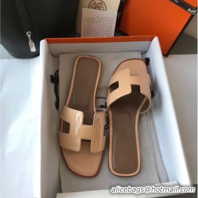 Luxury Hermes Patent Calfskin Leather Oran H Flat Slipper Sandals 040109 Nude