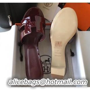 Luxury Hermes Patent Calfskin Leather Oasis Slipper Sandals With 5cm Heel 040110 Burgundy