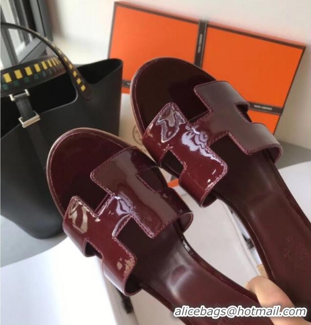 Luxury Hermes Patent Calfskin Leather Oasis Slipper Sandals With 5cm Heel 040110 Burgundy