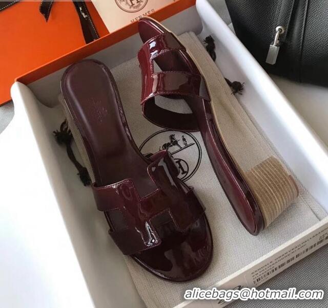 Luxury Hermes Patent Calfskin Leather Oasis Slipper Sandals With 5cm Heel 040110 Burgundy