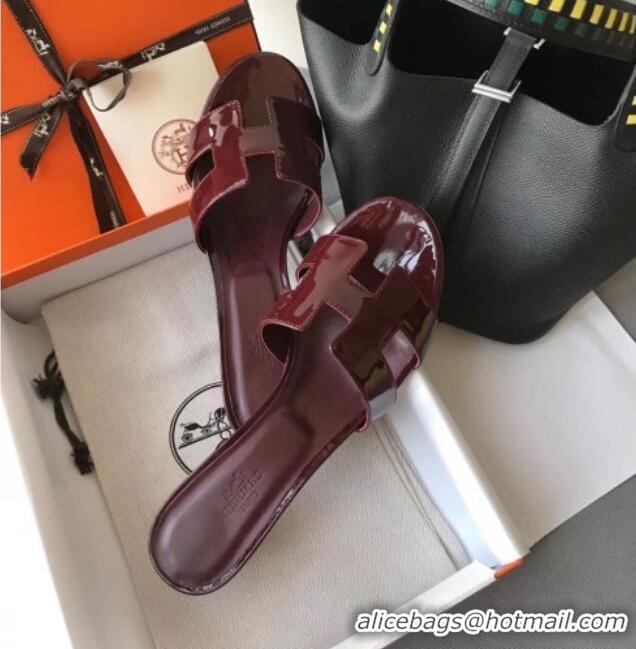 Luxury Hermes Patent Calfskin Leather Oasis Slipper Sandals With 5cm Heel 040110 Burgundy