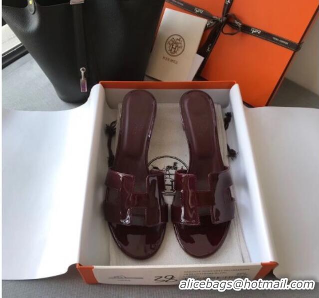 Luxury Hermes Patent Calfskin Leather Oasis Slipper Sandals With 5cm Heel 040110 Burgundy