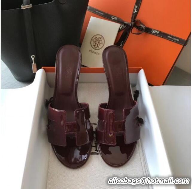 Luxury Hermes Patent Calfskin Leather Oasis Slipper Sandals With 5cm Heel 040110 Burgundy