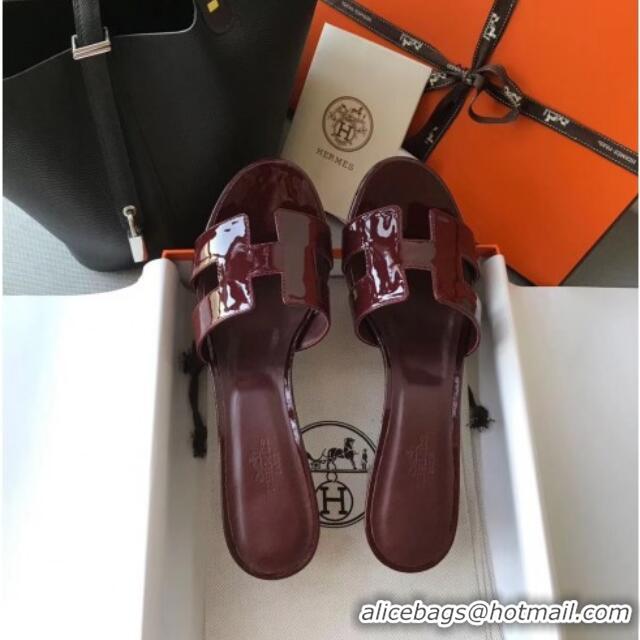 Luxury Hermes Patent Calfskin Leather Oasis Slipper Sandals With 5cm Heel 040110 Burgundy