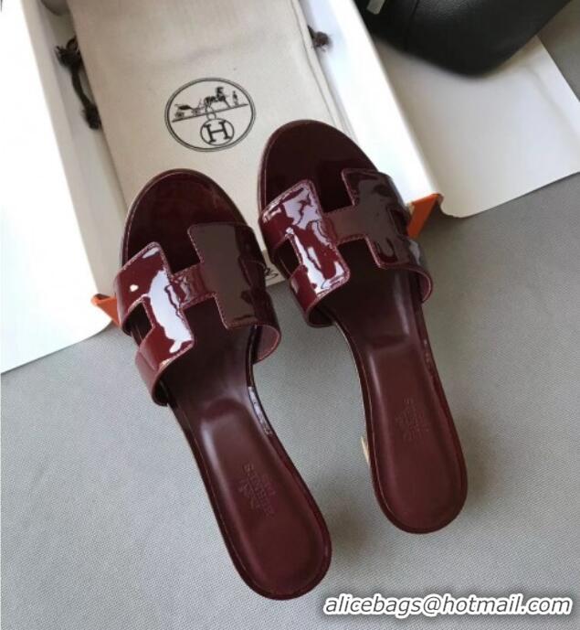 Luxury Hermes Patent Calfskin Leather Oasis Slipper Sandals With 5cm Heel 040110 Burgundy