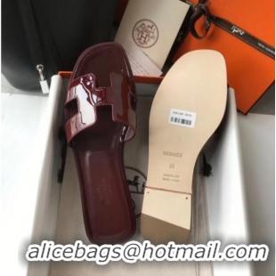 Stylish Hermes Patent Calfskin Leather Oran H Flat Slipper Sandals 040111 Burgundy