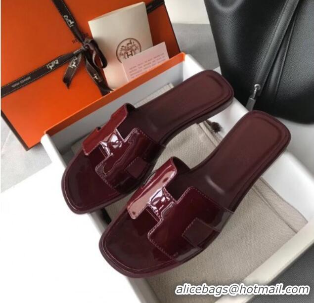 Stylish Hermes Patent Calfskin Leather Oran H Flat Slipper Sandals 040111 Burgundy