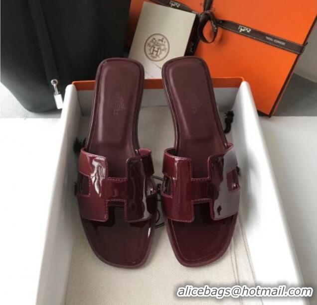 Stylish Hermes Patent Calfskin Leather Oran H Flat Slipper Sandals 040111 Burgundy