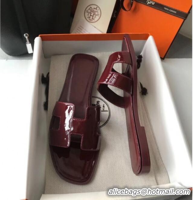 Stylish Hermes Patent Calfskin Leather Oran H Flat Slipper Sandals 040111 Burgundy