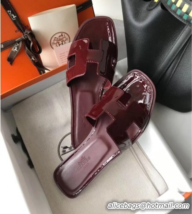 Stylish Hermes Patent Calfskin Leather Oran H Flat Slipper Sandals 040111 Burgundy