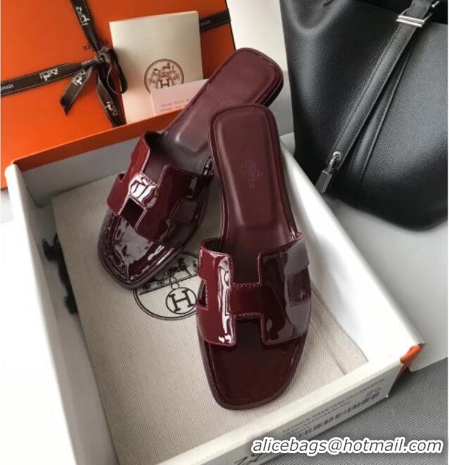 Stylish Hermes Patent Calfskin Leather Oran H Flat Slipper Sandals 040111 Burgundy