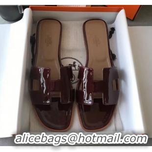 Practical Hermes Patent Calfskin Leather Oran H Flat Slipper Sandals 040112 Burgundy/Apricot