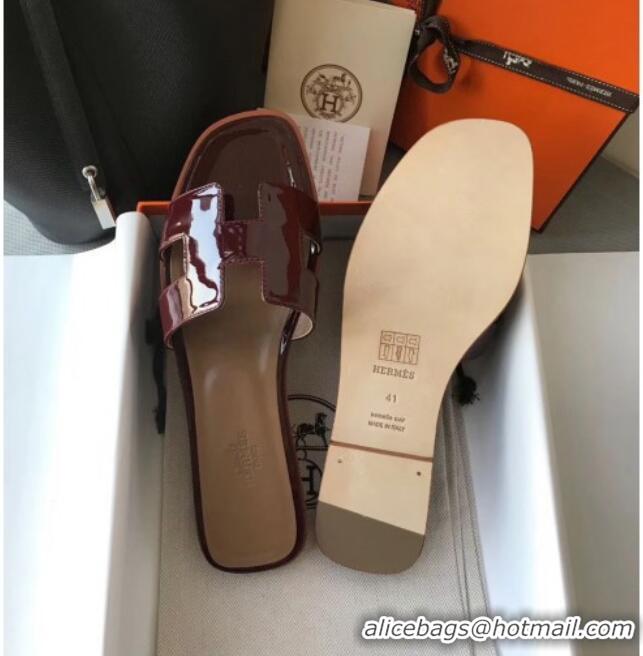 Practical Hermes Patent Calfskin Leather Oran H Flat Slipper Sandals 040112 Burgundy/Apricot