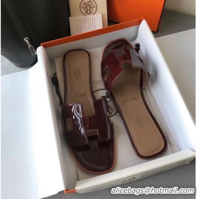 Practical Hermes Patent Calfskin Leather Oran H Flat Slipper Sandals 040112 Burgundy/Apricot