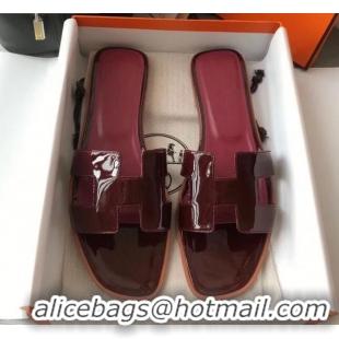 Sumptuous Hermes Patent Calfskin Leather Oran H Flat Slipper Sandals 040112 Burgundy