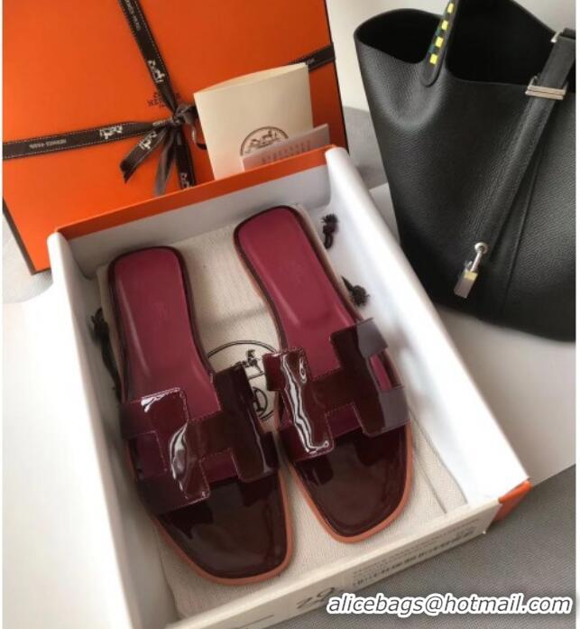 Sumptuous Hermes Patent Calfskin Leather Oran H Flat Slipper Sandals 040112 Burgundy