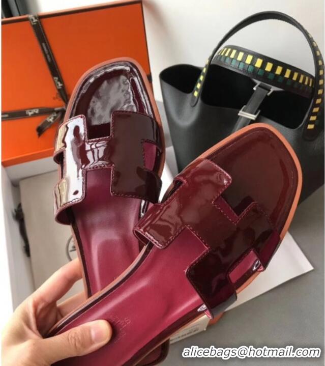 Sumptuous Hermes Patent Calfskin Leather Oran H Flat Slipper Sandals 040112 Burgundy