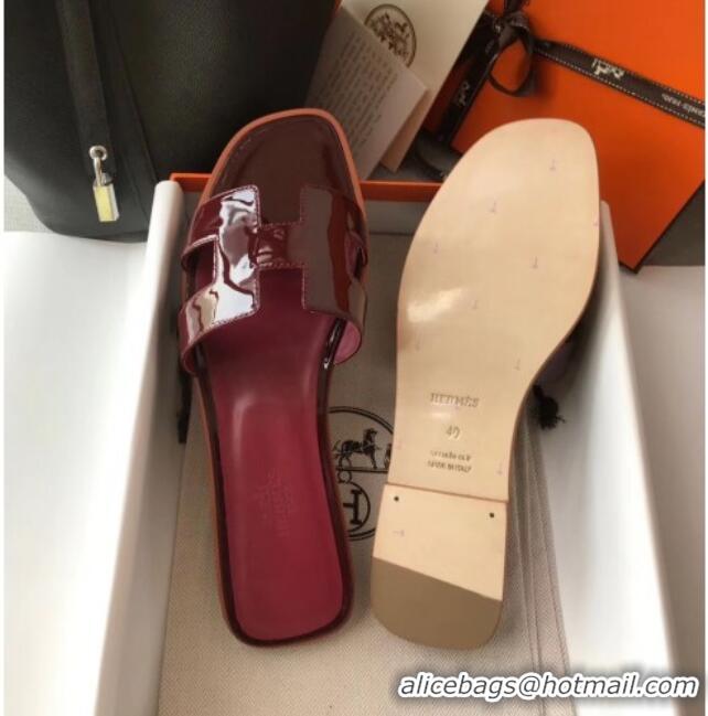 Sumptuous Hermes Patent Calfskin Leather Oran H Flat Slipper Sandals 040112 Burgundy