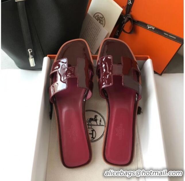 Sumptuous Hermes Patent Calfskin Leather Oran H Flat Slipper Sandals 040112 Burgundy